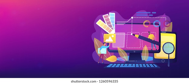 Designers are working on the desing of web page. Web design, User Interface UI and User Experience UX content organization. Web design development concept. Header or footer banner template.