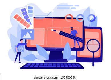 Designers are working on the desing of web page. Web design, User Interface UI and User Experience UX content organization. Web design development concept. Pinkish coral blue palette. Vector