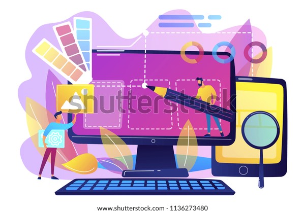 Designers are working on the desing of web page. Web design, User Interface UI and User Experience UX content organization. Web design development concept. Violet palette. Vector illustration