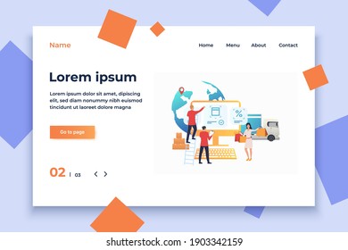 Designers working on internet store website. Computer, professional team, woman with shopping bag. Online shop concept. Vector illustration can be used for presentation slide, poster, new projects