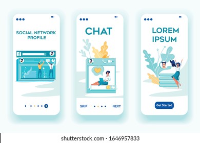 Diseñadores que trabajan en desarrollo de perfiles de redes sociales y videochat. Conexión entre personas y comunicación global. Páginas de aplicación en pantallas móviles definidas.  Ilustración vectorial
