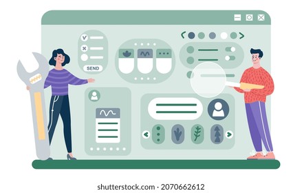 Designers working on ui ux design concept. Male and female programmers develop application or website. Characters create digital product using tools. Cartoon contemporary flat vector illustration