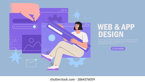 Designers working on website or application, ui ux design and programming. Creative team doing research and prototyping. Web studio or mobile application concept for banner, ads, landing page.