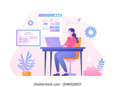 Designers working on website or application. Woman sitting at laptop and developing user interface. Freelancer performs project. Cartoon modern flat vector illustration isolated on white background
