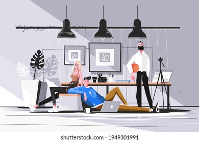 Designers working in studio vector illustration. Men and woman doing new projects in office. Creative people creating websites. Bureau interior. Teamwork concept.