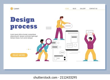 Diseñadores que trabajan en equipo en el desarrollo de sitios web, plantilla de página de aterrizaje ilustración vectorial plana. Pancarta abstracta con el concepto de proceso de diseño.