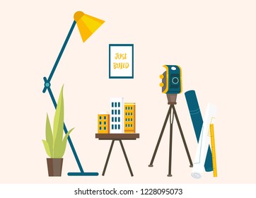 Designer's workplace for creating projects. Banner vector illustration of working cartoon characters in coworking studio. The concept of construction, architecture, design