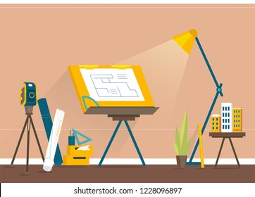 Designer's workplace for creating projects. Banner vector illustration of working cartoon characters in coworking studio. The concept of construction, architecture, design, workplace.