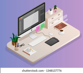 Designer's workplace in isometry. The tools of a designer. Great for website, banner. Modern isometry vector illustration