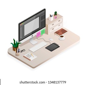 Designer's workplace in isometry. The tools of a designer. Great for website, banner. Modern isometry vector illustration