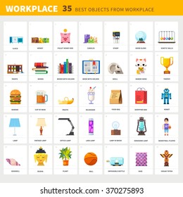 Designer's workplace and items on it: clock, money, candles, stamp, kinetic balls, paints, fruits, burger, milkshake, robot toy, lava lamp, basketball player figure. Flat vector illustration set.