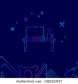 Designer's Workplace Vector Line Illustration. Art, Design and Creativity Gradient Icon, Symbol or Pictogram, Sign. Dark Blue Background. Related Bottom Border.