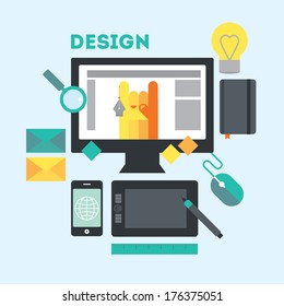 Designer's workspace and stuff. Modern workplace of web designer in creative process or process of development. Modern vector illustration in flat style. 