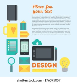 Designer's workspace and stuff. Modern workplace of web designer in creative process or process of development. Modern vector background illustration in flat style with place for text. 