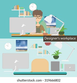 Designer's workspace. Workplace Designer, which includes a graphics tablet, and so forth different Liners, stationery, notebook, monitor, desk lamp, cup, flower and so on. Stock vector.