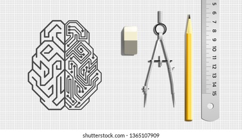 Designing an Artificial Intelligence. Pictogram of a cybernetic brain pictured by drawing tools which is lying beside of it. Illustration on the subject of 'Future Technologies'.