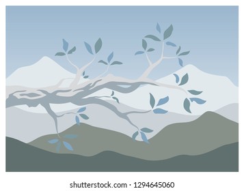 Designing a background image with branches and leaves in a simple natural style with the colors of the atmosphere.