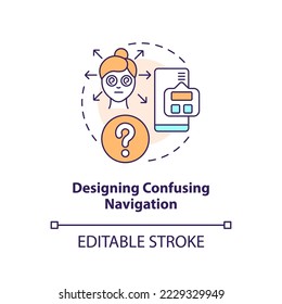 Diseñar un icono de concepto de navegación confuso. La experiencia del usuario frecuente equivoca la idea abstracta ilustración de línea delgada. Dibujo de contorno aislado. Trazo editable. Fuentes Arial, Myriad Pro-Bold utilizadas