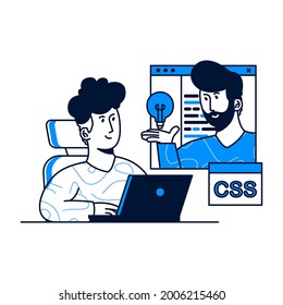 Designing Developing and programming concept. A man discuss project and get inspiration development program from colleague. trendy vector illustration style.