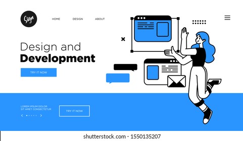 Designing Developing and programming technologies concept. Web page template with modern outline vector illustration.