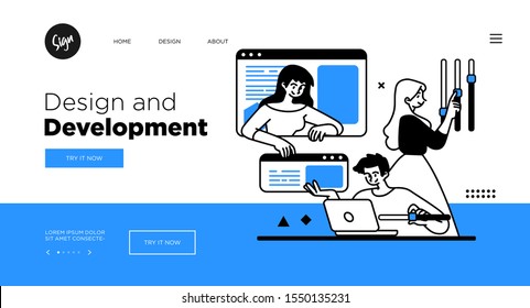 Designing Developing and programming technologies concept. Web page template with modern outline vector illustration.