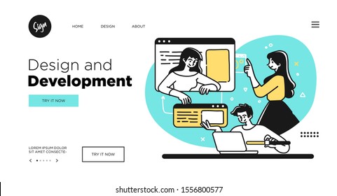 Designing Developing and programming technologies concept. Web page template with modern outline vector illustration.