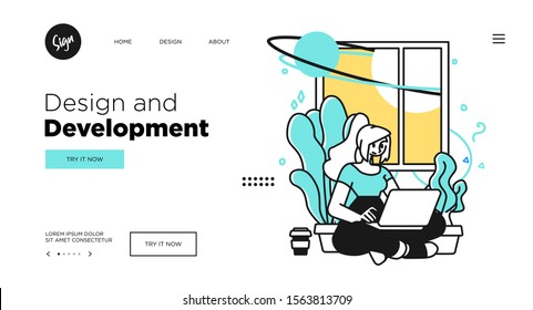 Designing Developing and programming technologies concept. Web page template with modern outline vector illustration.