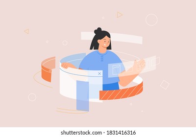 Designing Developing and programming technologies concept. Woman programmer or designer working in program. Flat style vector illustration.