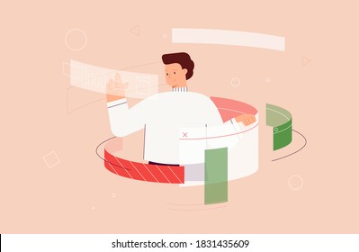 Designing Developing and programming technologies concept. Man programmer or designer working in program. Flat style vector illustration.