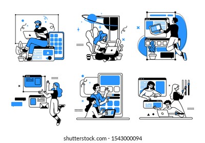 Designing Developing and programming technologies illustrations. Collection of scenes at office. Outline vector style.