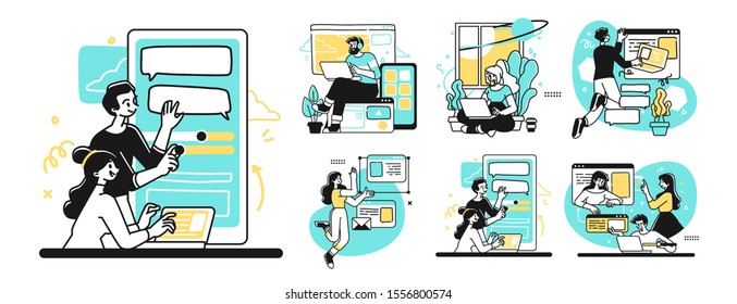 Designing Developing and programming technologies illustrations. Collection of scenes at office. Outline vector style.