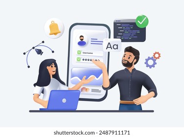 Designing Developing and programming technologies illustrations. IT team, outsource or outstaff working together on product. Teamwork collaborate at office. 3D cartoon vector style.