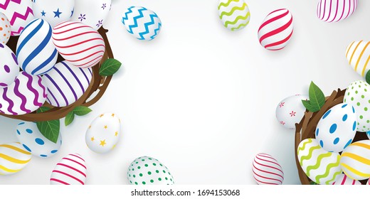 Entwerfen von Osterplakaten und Bannern mit Ostereiern in einem schön gestalteten Nest. Für die Ostergrafik der Vektorillustration