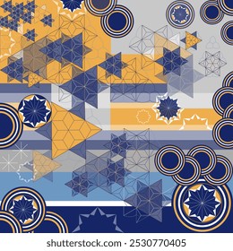 Designing fabric patterns in Modern Japanese Style involves blending Geometric shapes with lines to create unique pattern. For use in textiles, paper, prints and other materials. Blue and orange color