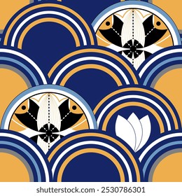 Designing fabric seamless in Modern Japanese Style involves blending Geometric shapes with lines to create unique pattern. For use in textiles, paper, prints and other materials. Blue and orange color