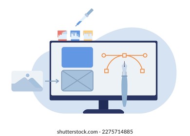 Designing good-looking website flat concept vector spot illustration. Computer monitor. Editable 2D cartoon scene on white for web design. Creating mockup, layout creative idea for mobile, app