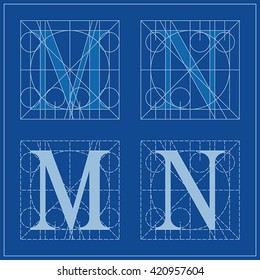 Designing Initials, letters M and N, blueprint.