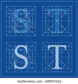 Designing Initials, letters S and T, blueprint.