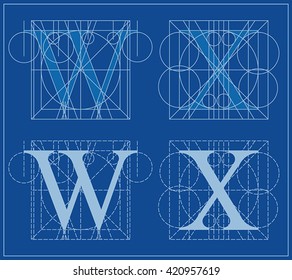 Designing Initials, letters W and X, blueprint.