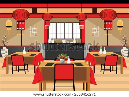 Designing the interior of Chinese restaurant empty interior or japanese restaurant with wooden furniture, red asian lanterns. Asian restaurant interior, Vector illustration.