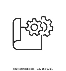 Designing a mechanism from the drawing, linear icon. Drawing and gear. Line with editable stroke