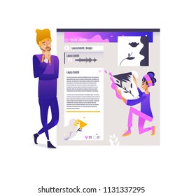 Designing mobile application concept with young characters standing near big digital device screen adding information to app isolated on white background. Cartoon vector illustration.