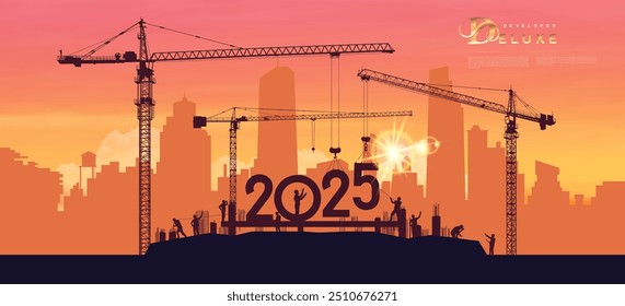 Gestaltung und Planung des Jahres 2025. Große Baustelle, Projekt 2025 Frohes neues Jahr kreative Präsentation Design Element. Schwarze Silhouette Vektor viele Baukräne Zahlen.