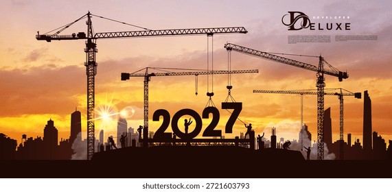 Projetando e planejando o ano de 2027. Site de construção, projeto 2027 Feliz Ano Novo apresentação criativa Design Element. Vetor de silhueta preta muitos guindastes de construção definir números. Desenvolvedor de 2027.