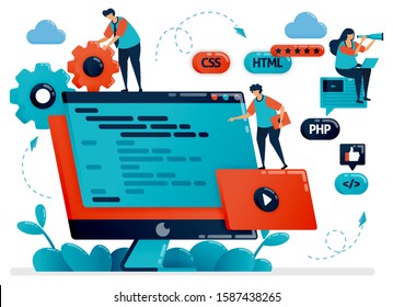 Designing program, web, apps on monitor screen or desktop. Teamwork in developing programming. Debugging development process. Vector illustration for website homepage header landing web page template