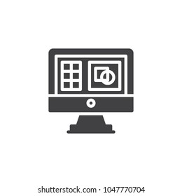 Designing project on pc monitor screen vector icon. filled flat sign for mobile concept and web design. Graphic design simple solid icon. Symbol, logo illustration. Pixel perfect vector graphics