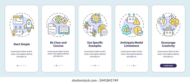 Designing prompt steps onboarding mobile app screen. Walkthrough 5 steps editable graphic instructions with linear concepts. UI, UX, GUI template. Myriad Pro-Bold, Regular fonts used