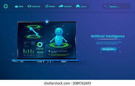 Designing a robot on a laptop screen. The landing page of artificial intelligence. A website template for a sci-fi concept of AI machine deep learning technology. Vector