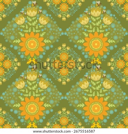 Designing surface pattern with nature bees, green nature, yellow and orange color, fantastic use for paper wrapping, cover, textile, cloth,  decorate card, wallpaper