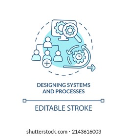 Diseño de sistemas y procesos de un icono de concepto turquesa. Ilustración de línea delgada de ideas abstractas de problemas de estrategia de negocios. Dibujo de contorno aislado. Trazo editable. Fuentes Arial, Myriad Pro-Bold utilizadas